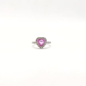 Anello con zaffiro rosa a cuore con diamanti in oro bianco 750