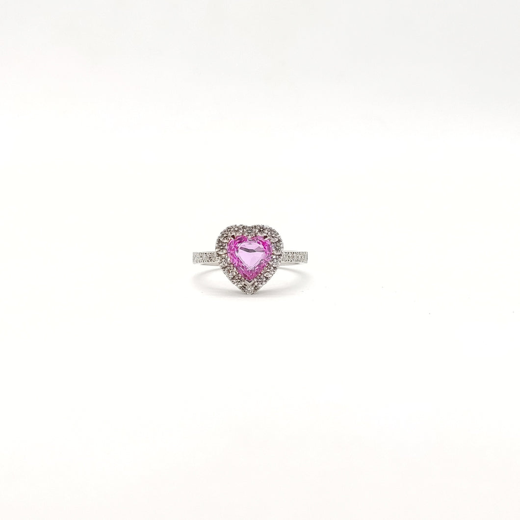 Anello con zaffiro rosa a cuore con diamanti in oro bianco 750